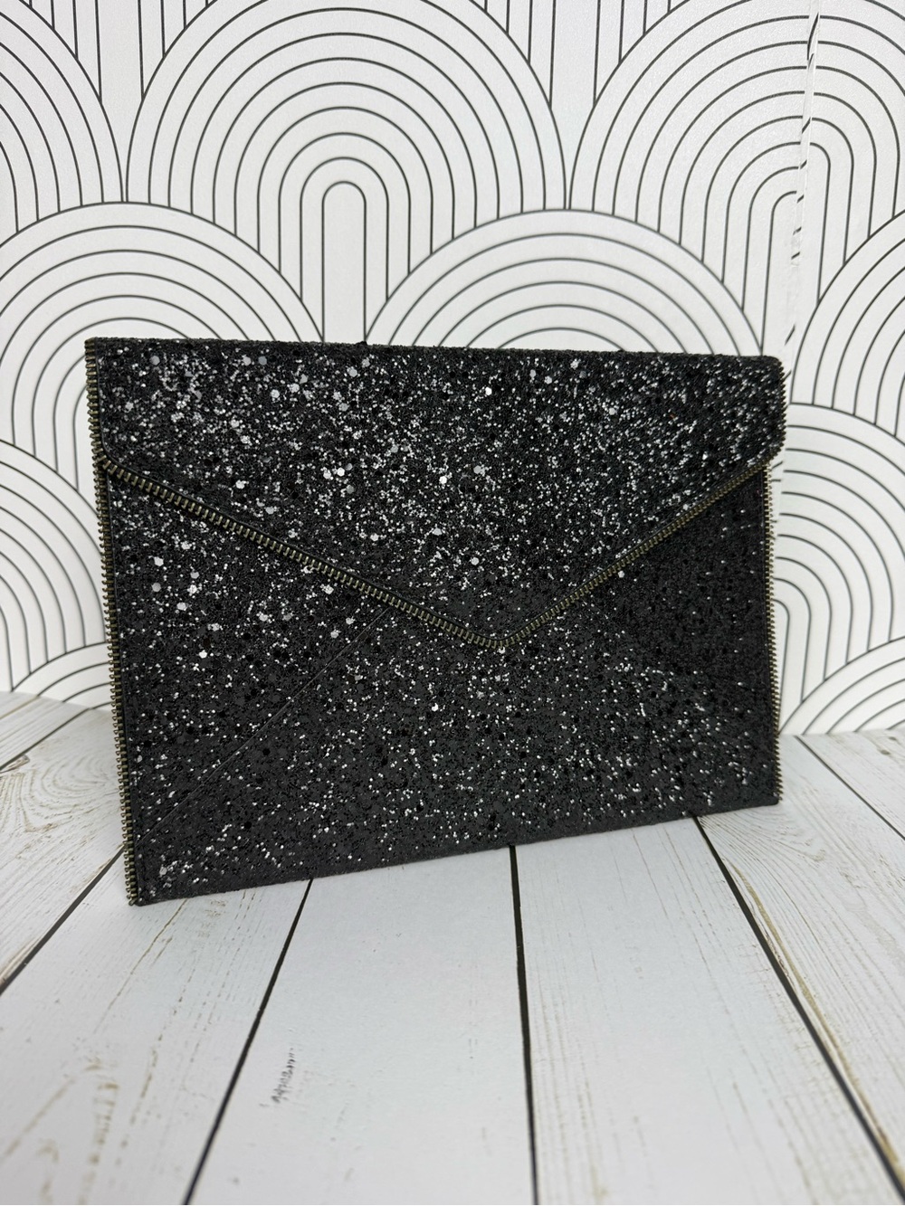 Rebecca Minkoff Black Glitter Envelope Clutch